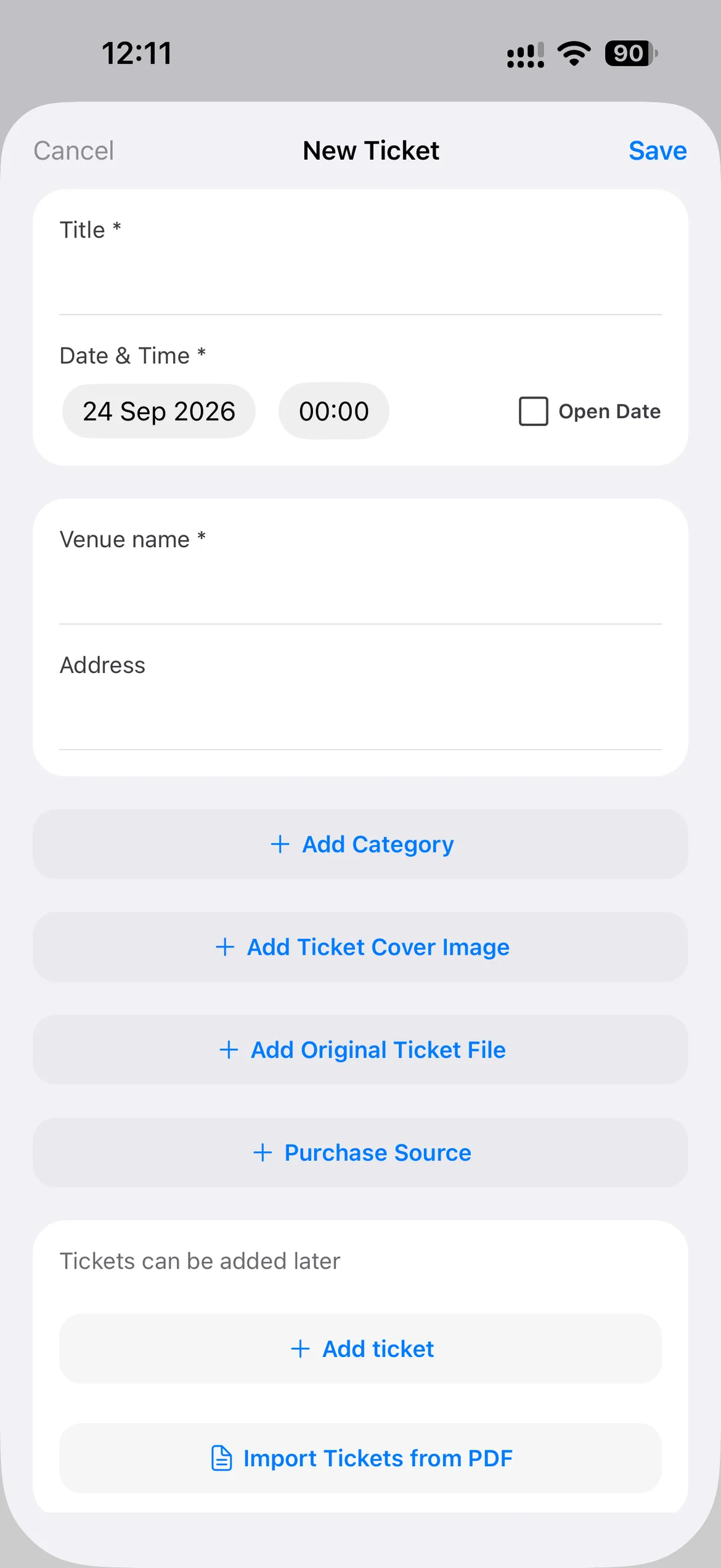 The Passpartoo New Ticket form, with fields for title, date and time, venue and address, plus buttons to add a category, cover image, original ticket file, or import from a PDF.