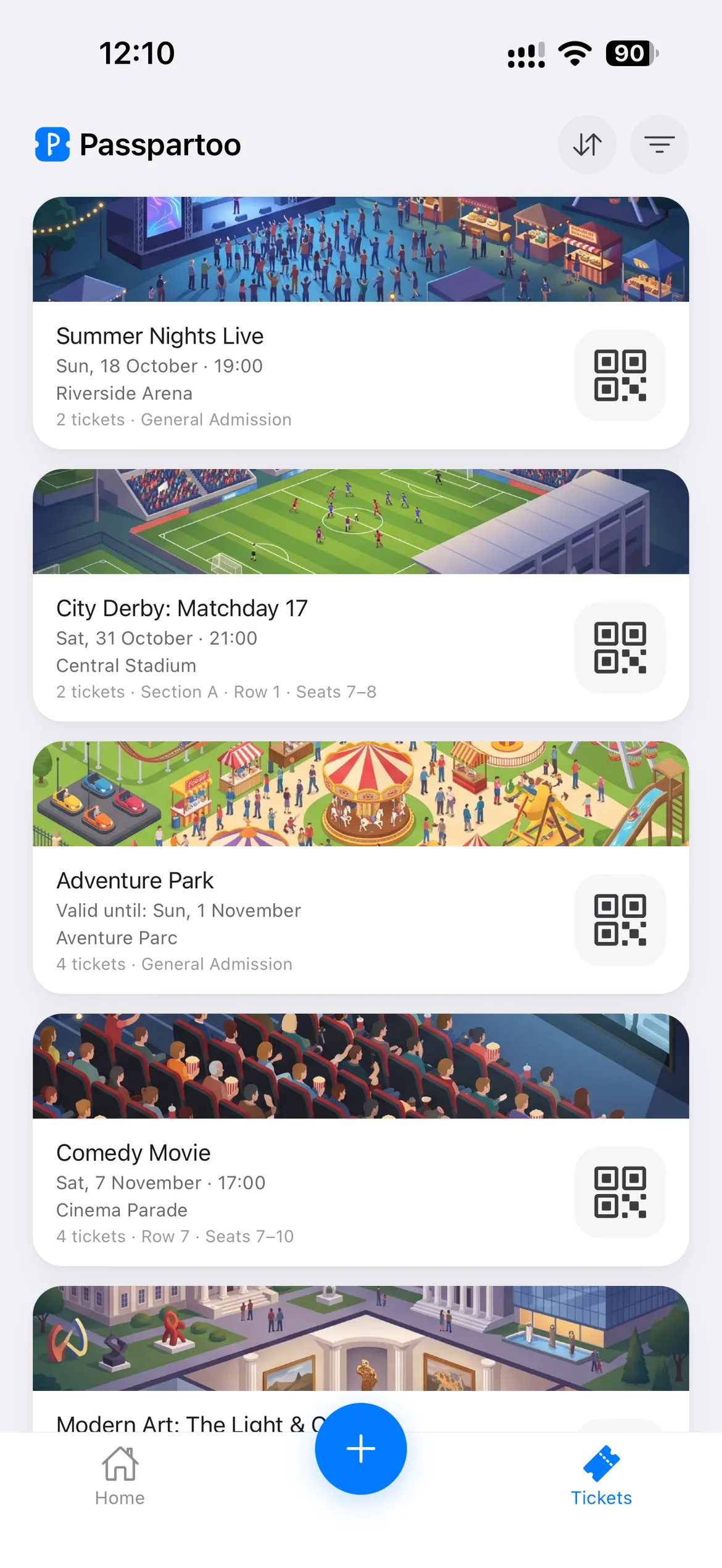 The Passpartoo Tickets tab, listing saved tickets — concerts, a match, a theme park pass, a movie, and an exhibition — each with its own QR code.