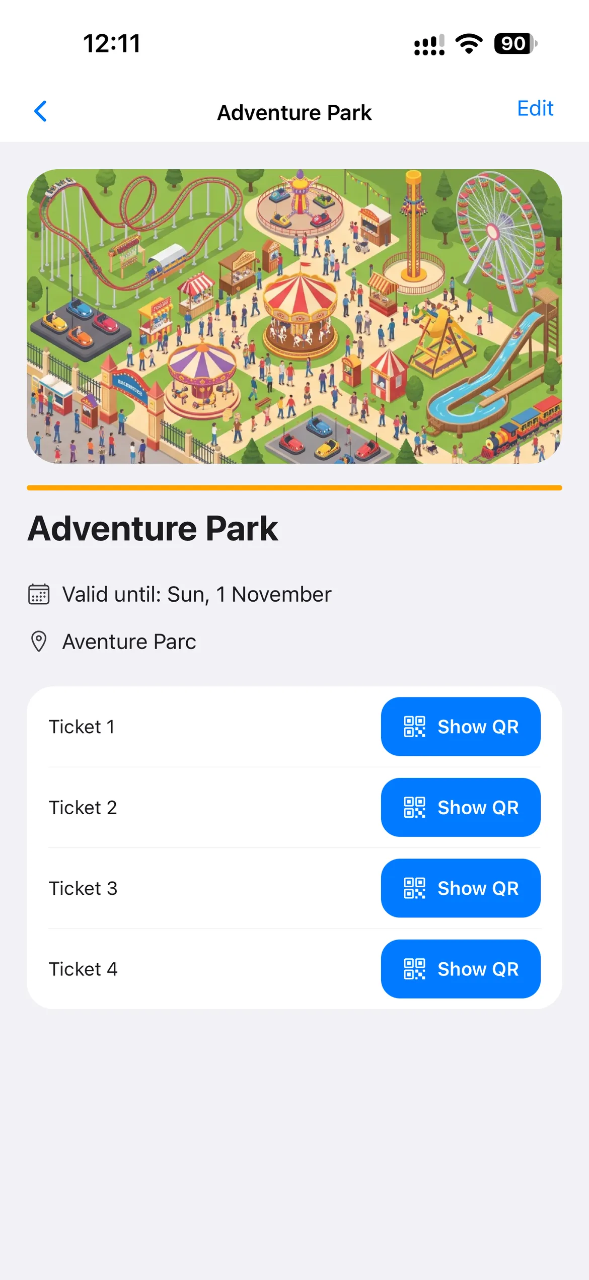 The Adventure Park ticket detail screen in Passpartoo, showing the venue and valid-until date with a Show QR button for each ticket.
