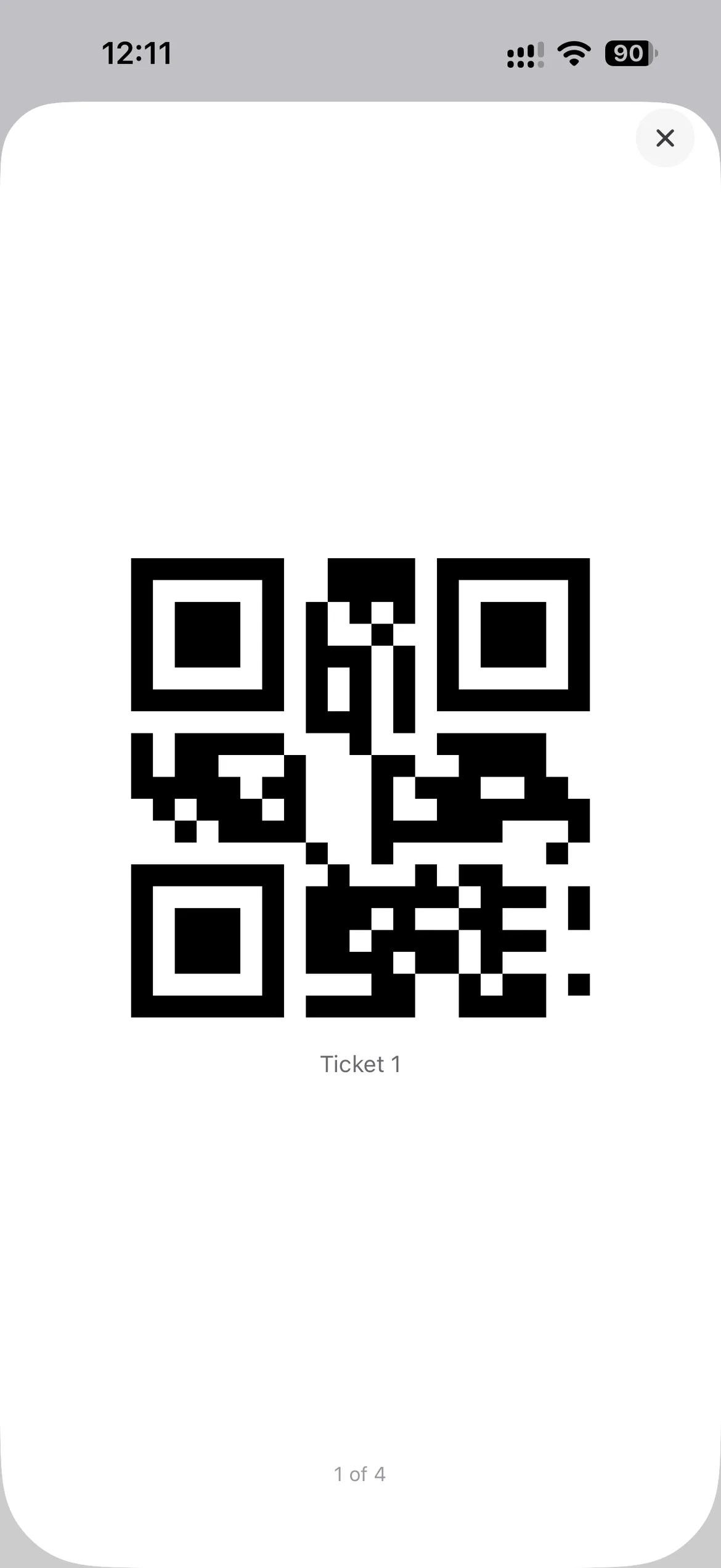 A ticket's QR code shown full-screen in Passpartoo, ready to be scanned at the door.
