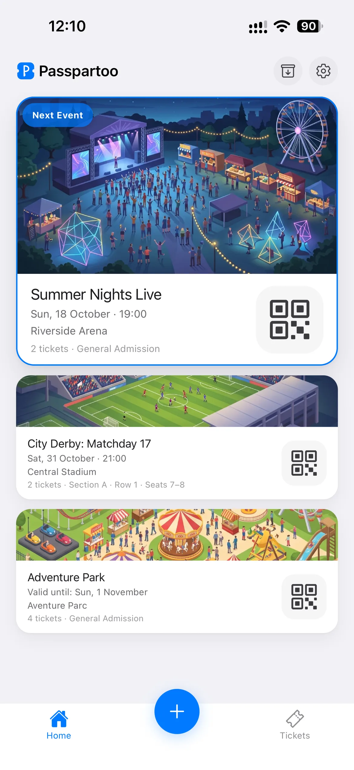 The Passpartoo home screen listing upcoming tickets — a concert, a football match, and a theme park pass — each with its own QR code.